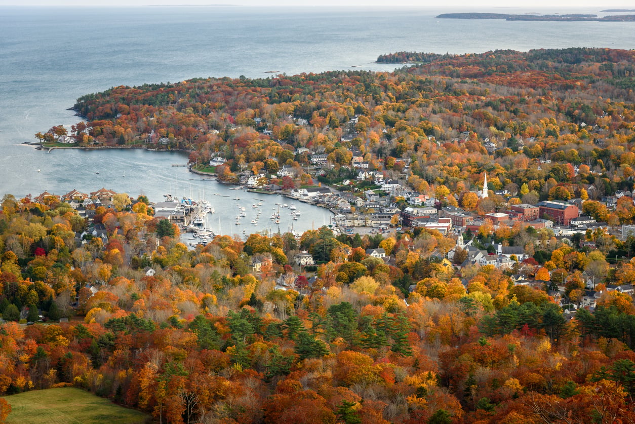 Aerial view of a travel-friendly coastal town surrounded by colorful autumn trees, with a harbor full of boats and houses along the shoreline, bordered by a large body of water.