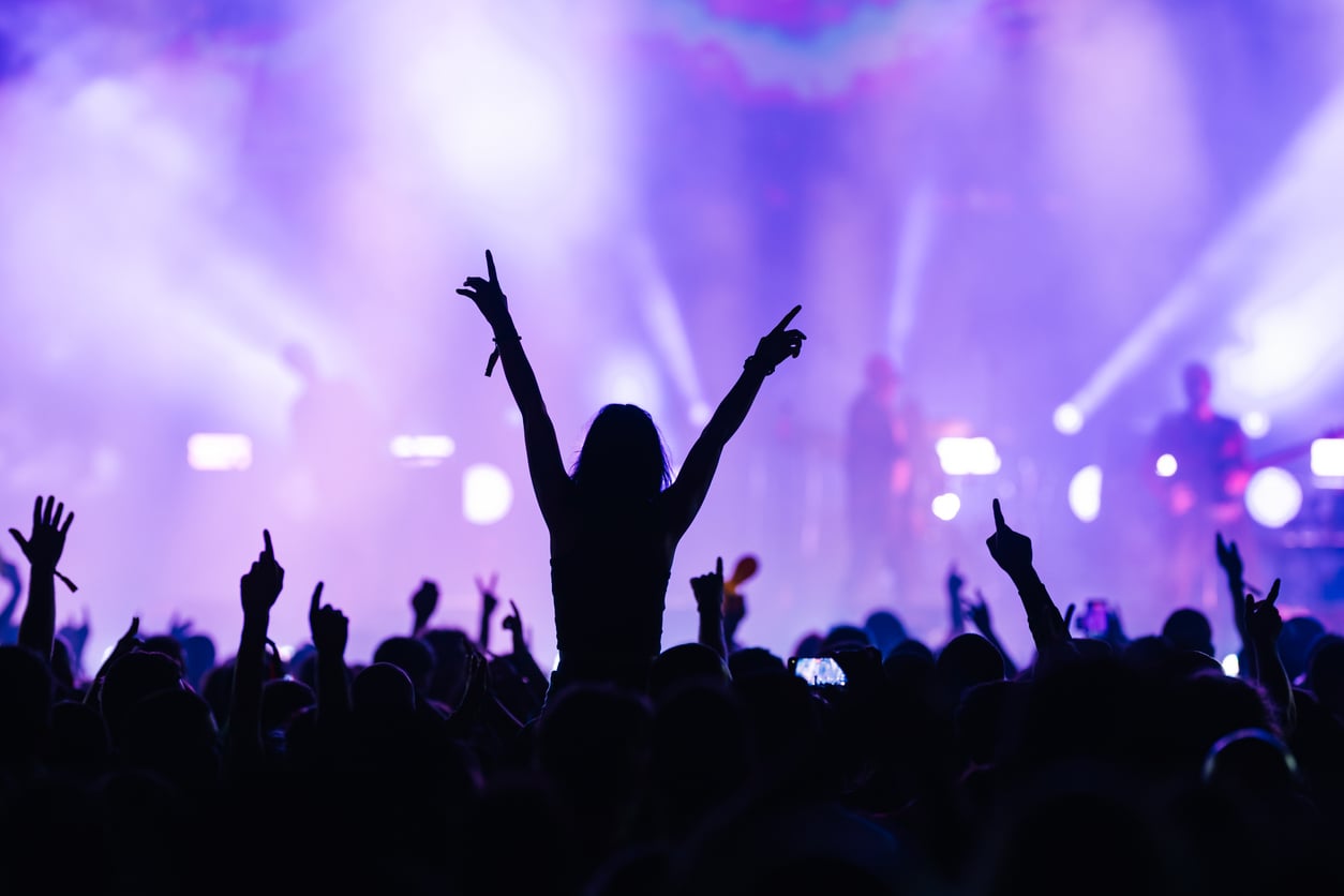 Silhouette of a crowd at a concert, with one person in the center raising their arms. Bright stage lights and smoke create a colorful, energetic atmosphere, capturing the excitement that draws many to expensive hobbies like live music events.