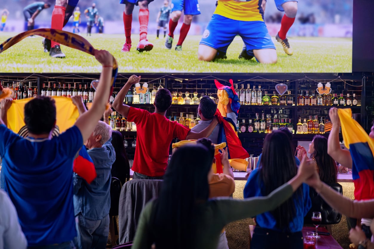 World Cup restaurants. A group of people in a bar cheer and wave flags while watching a soccer match on a large screen. The atmosphere is lively, with fans standing, celebrating, and showing support for their team.