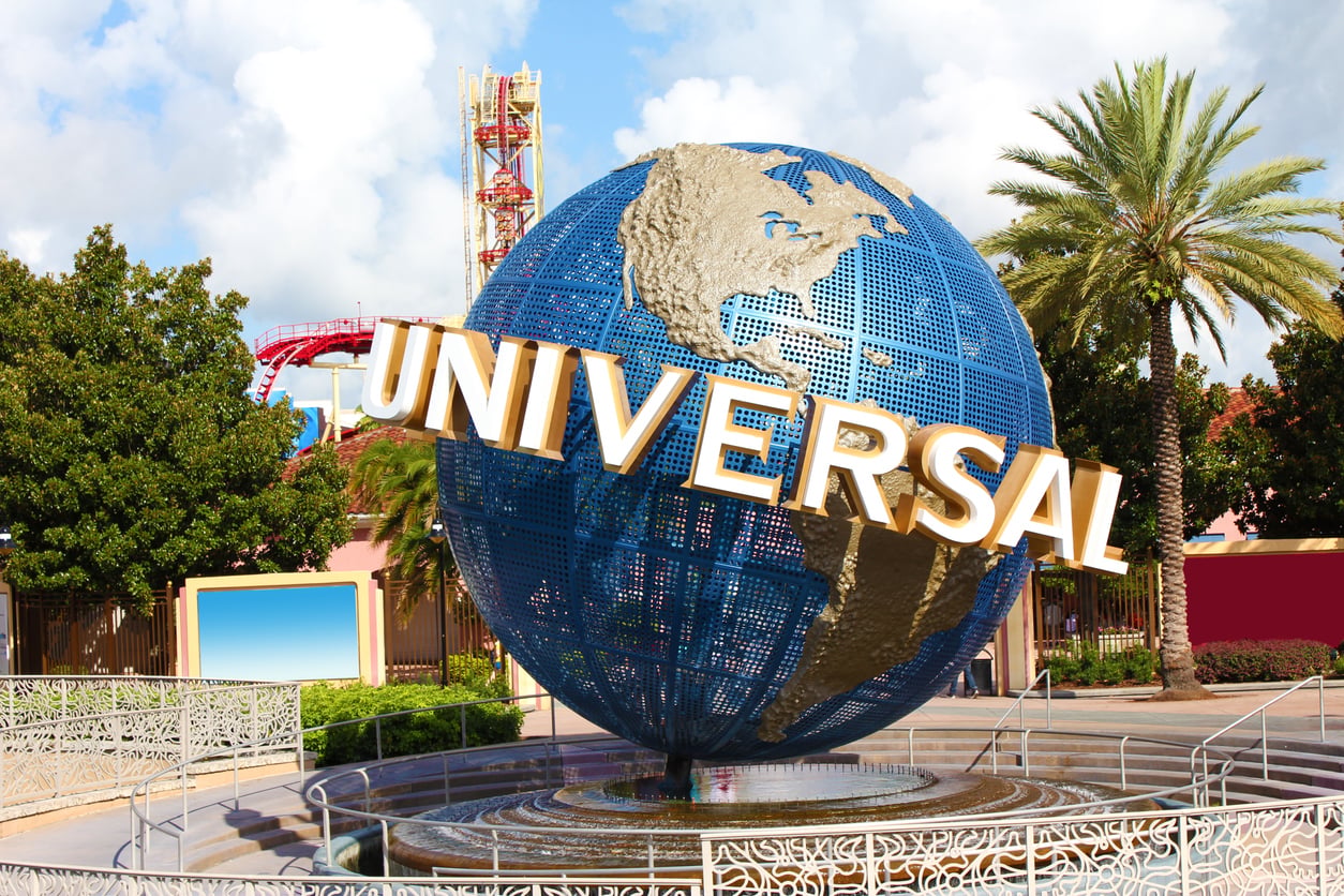 A large blue globe with the word "UNIVERSAL" in gold letters stands as a landmark at Universal Studios, one of the renowned tourist attractions, surrounded by palm trees and greenery under a partly cloudy sky.