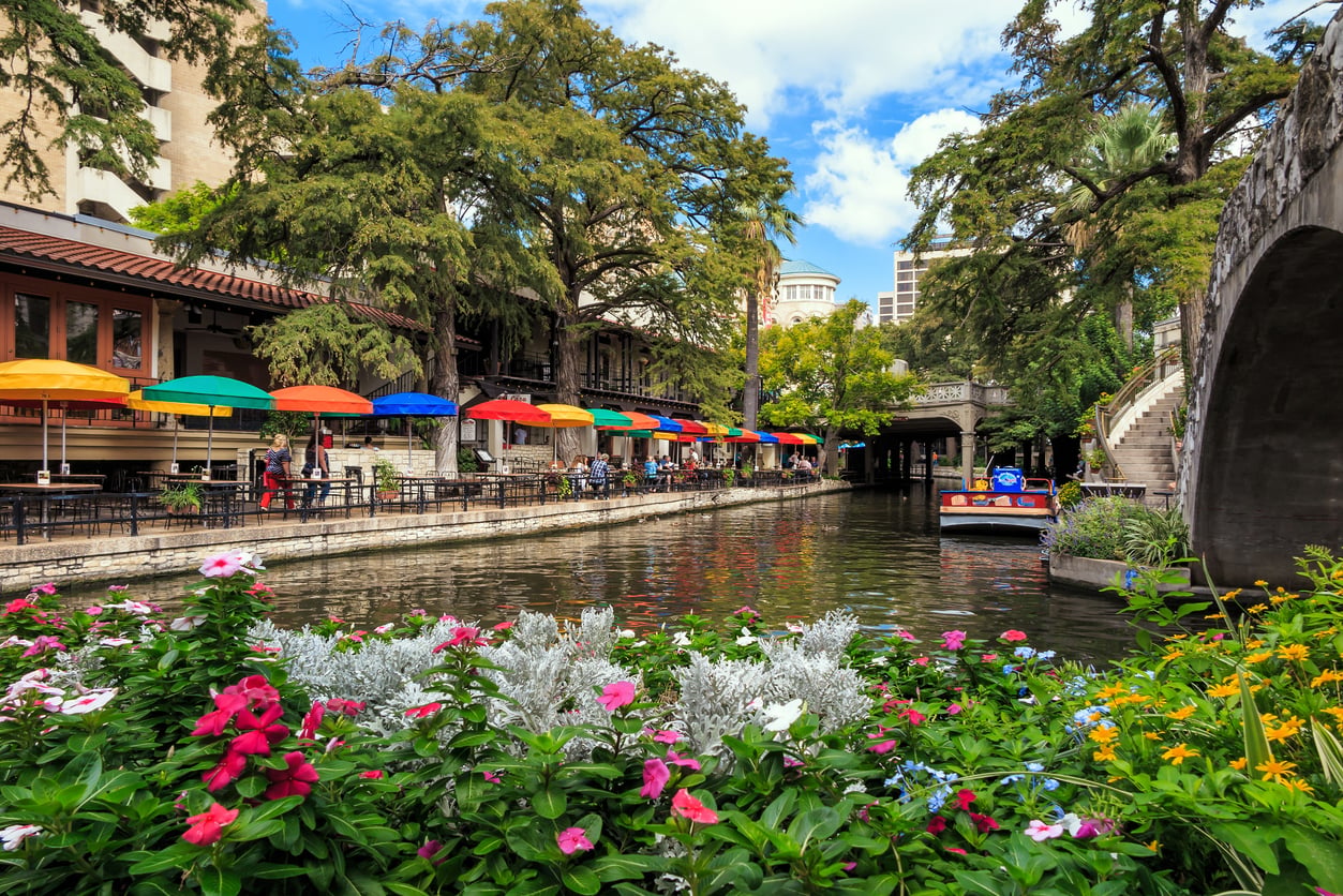 Colorful umbrellas line outdoor tables by a riverwalk, reminiscent of the vibrant atmospheres found in some of the big cities in America, with flowers in the foreground, lush trees, a boat on the water, and buildings in the background under a partly cloudy sky.