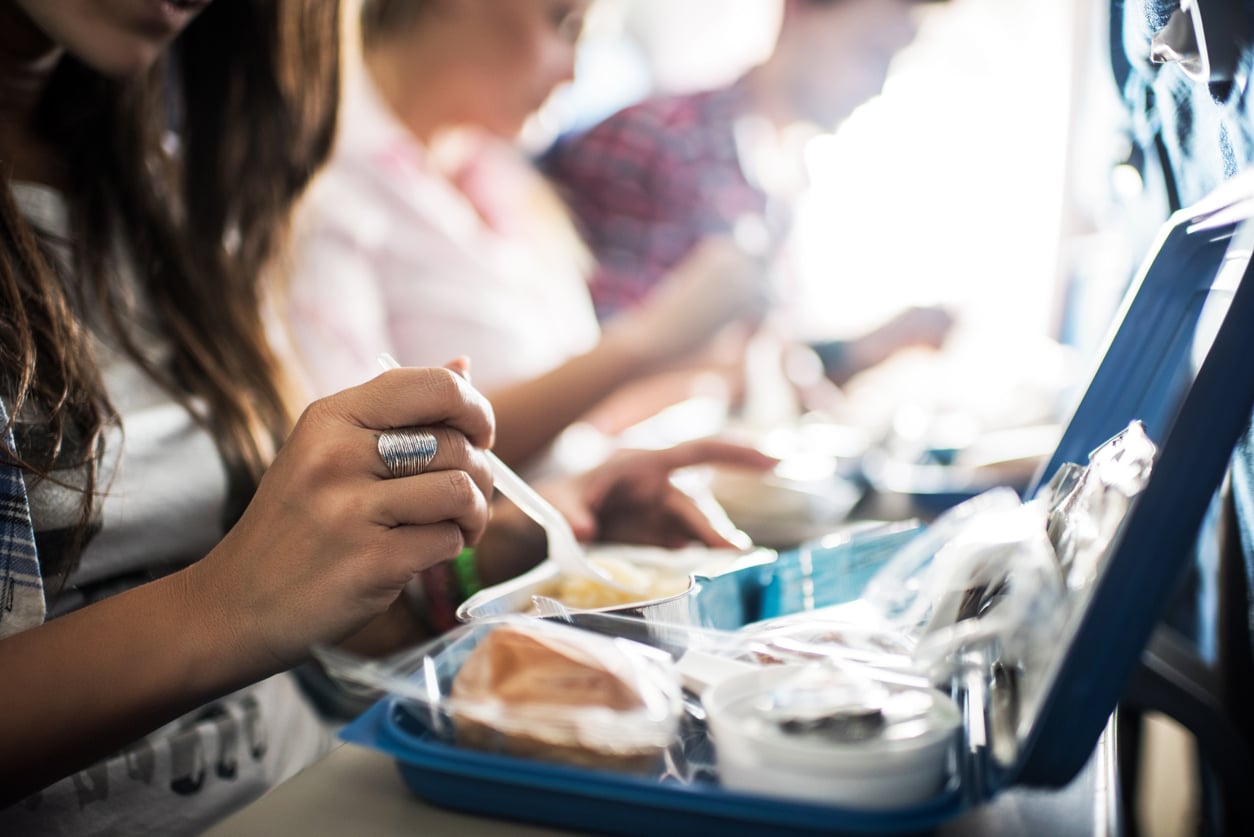 Close-up of a person eating an in-flight meal from a blue tray on an airplane, with a fork in hand. Other passengers are visible eating meals in the background.