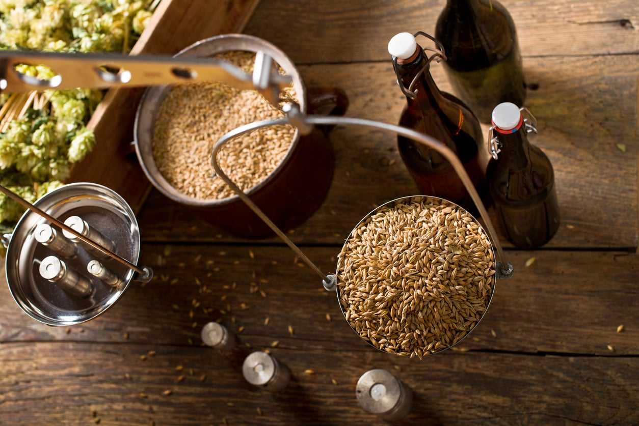 A scale with barley grains, glass bottles, a bowl of more grains, and green hops on a rustic wooden table, suggesting ingredients for brewing beer—one of the more expensive hobbies for passionate enthusiasts.