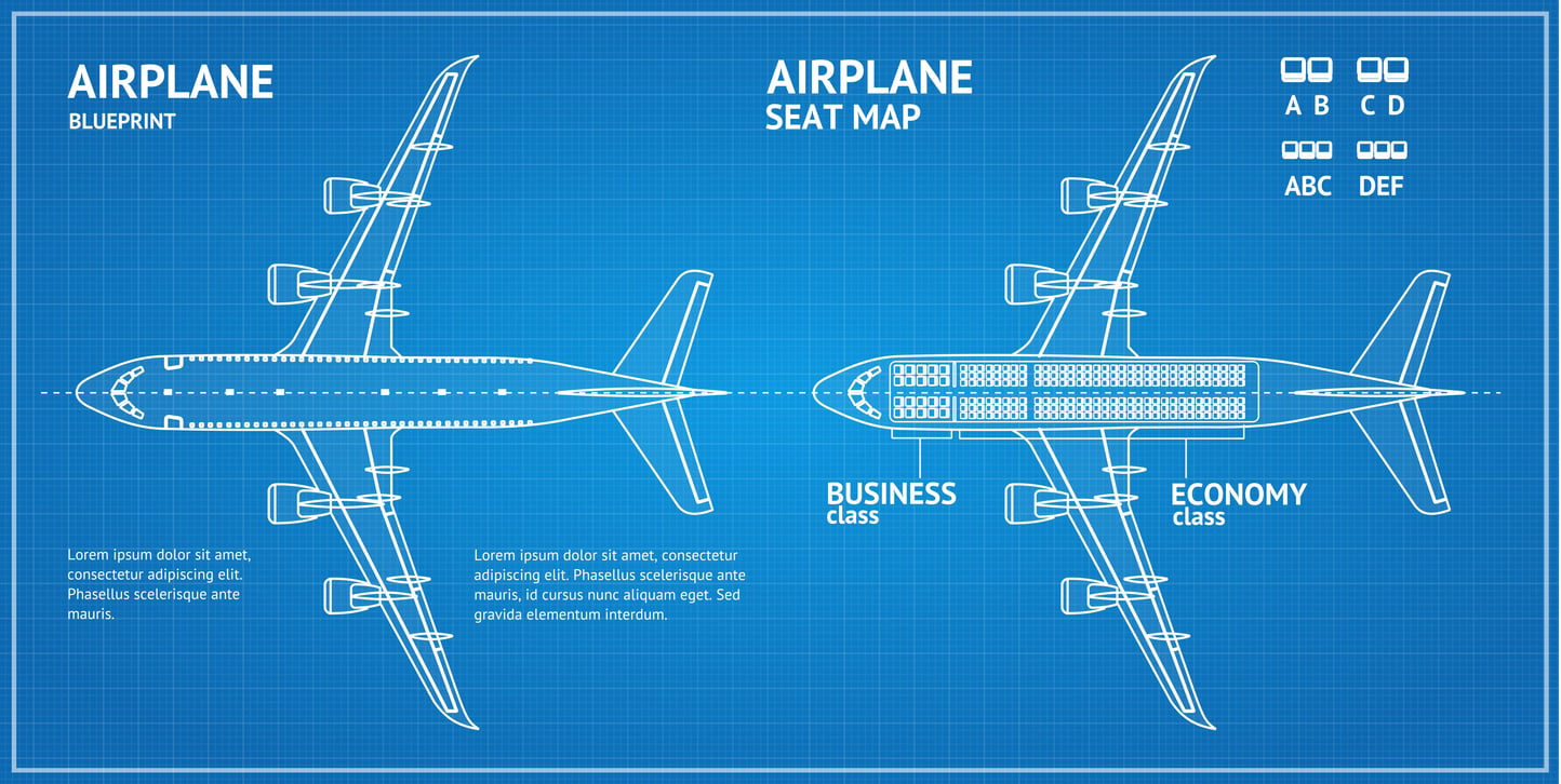 Blueprint-style image showing a top and side view of an airplane. One side displays seating sections labeled “Business” and “Economy” class, with detailed seat map and a key for seat labels A-F—perfect for reviewing before booking a flight.