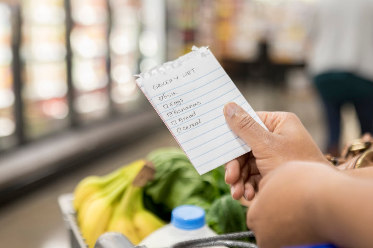 A person holds a handwritten grocery list in a store, demonstrating their organized grocery shopping habits. The list includes milk, eggs, bananas, bread, and cereal. Bananas and other groceries are visible in the cart below.