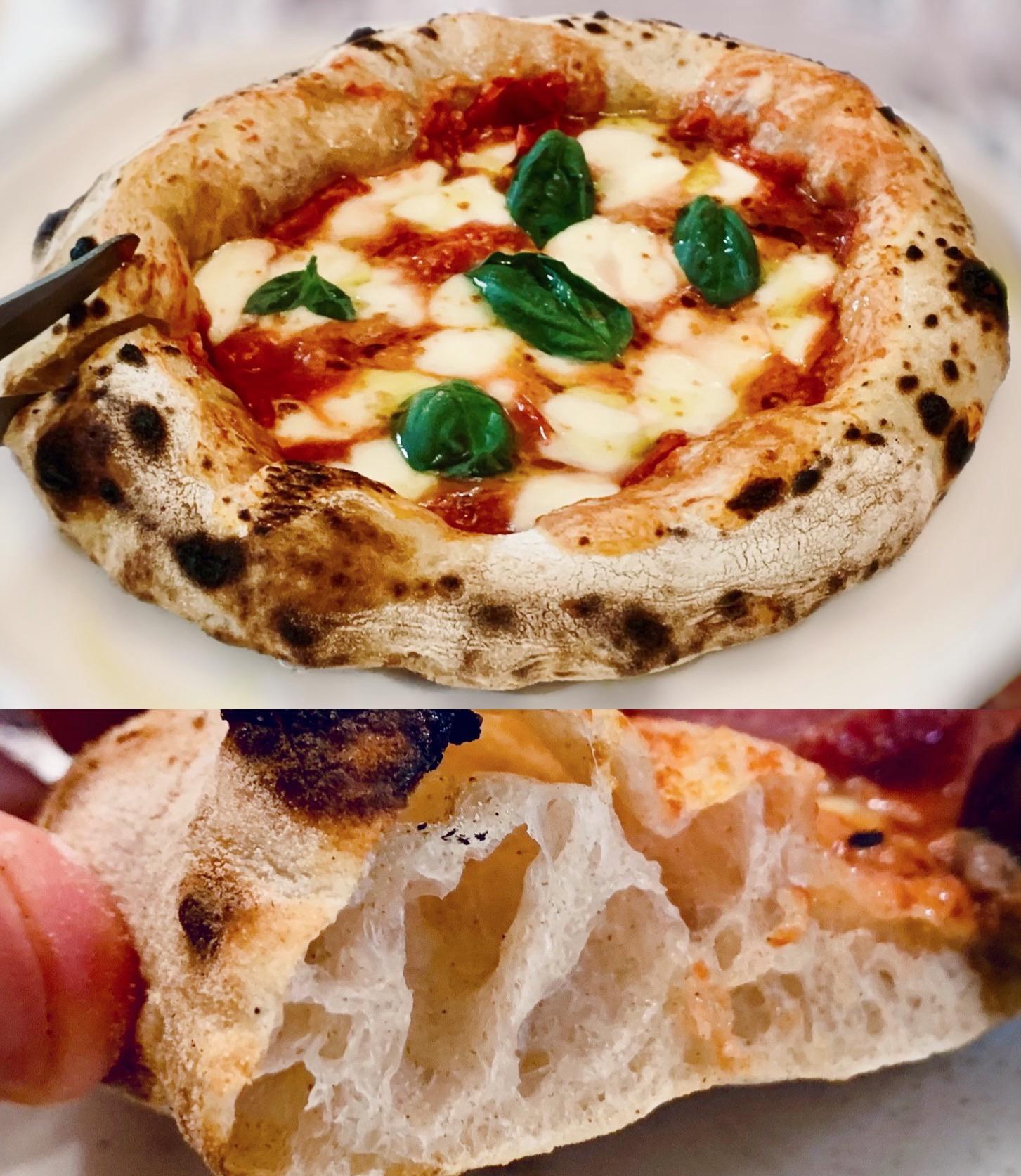 A Neapolitan-style pizza topped with melted cheese, tomato sauce, and basil leaves. Below, a close-up shows the airy, well-risen crumb and crispy crust.
