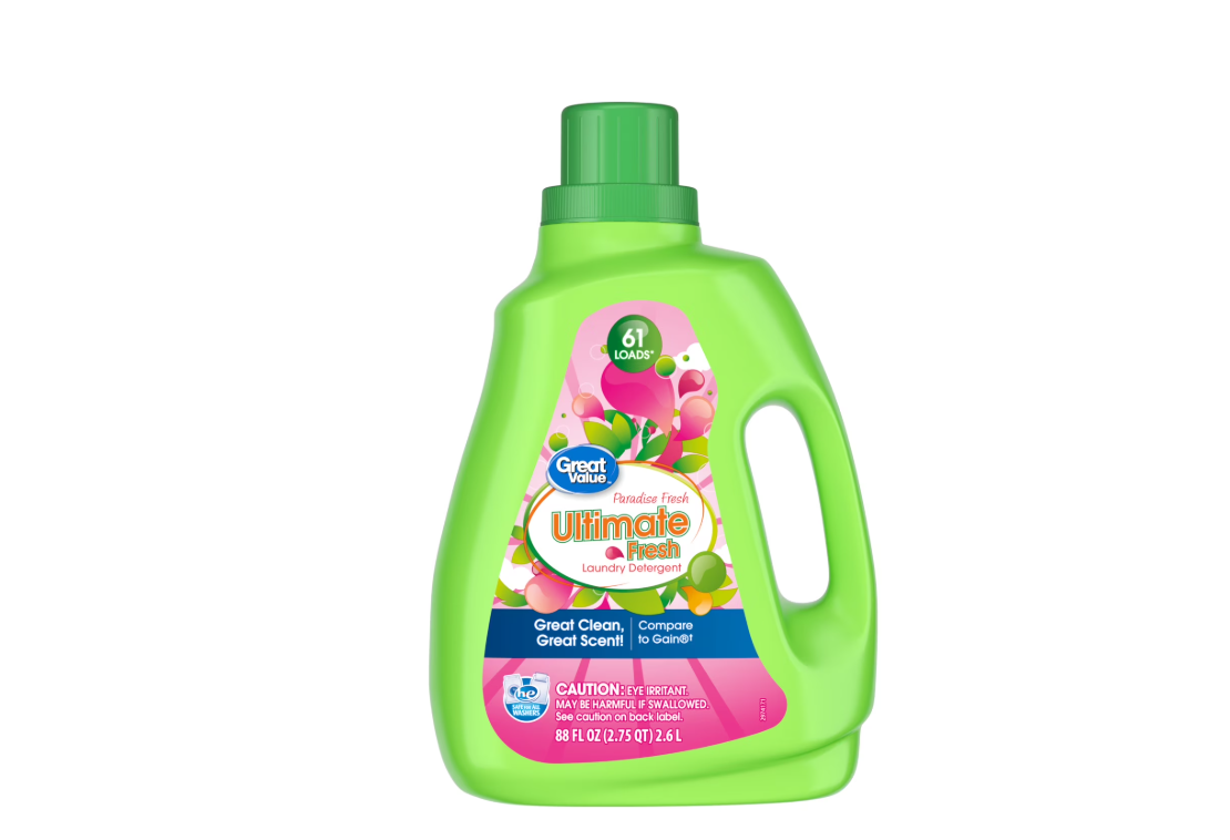 A green bottle of Great Value Ultimate Fresh laundry detergent with a pink floral label, labeled for 61 loads and featuring a green cap. The bottle advertises "Powder Fresh" scent and "Great Clean, Great Scent!