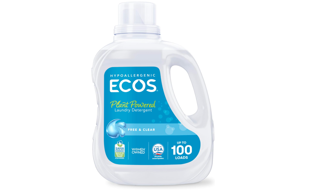A clear plastic bottle of ECOS hypoallergenic, plant-powered laundry detergent with a blue label, promoting “Free & Clear,” up to 100 loads, and various certifications.