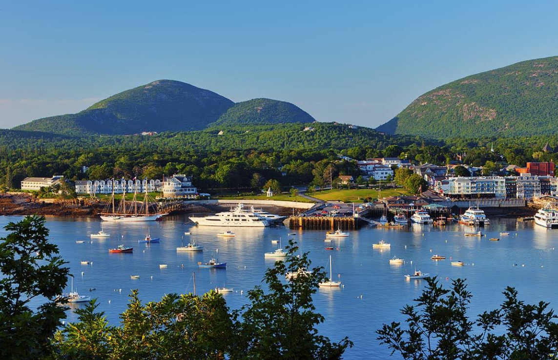 A harbor filled with boats and yachts, backed by green hills and a charming tourist town with white buildings under a clear blue sky.