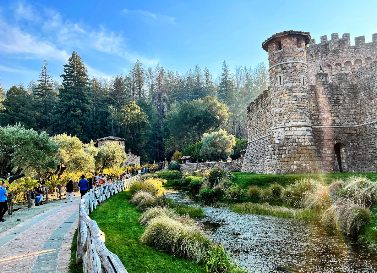 A stone castle with turrets sits next to a pond and lush greenery, evoking the charm often found in tourist towns. People walk along a path bordered by a wooden fence, with tall trees rising in the background under a blue sky.