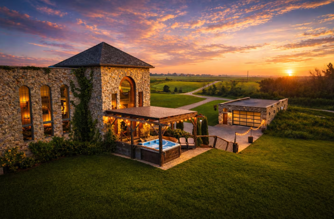 A stone house with large windows, outdoor seating, pergola, and hot tub sits on a grassy lawn at sunset, surrounded by fields and a long driveway.
