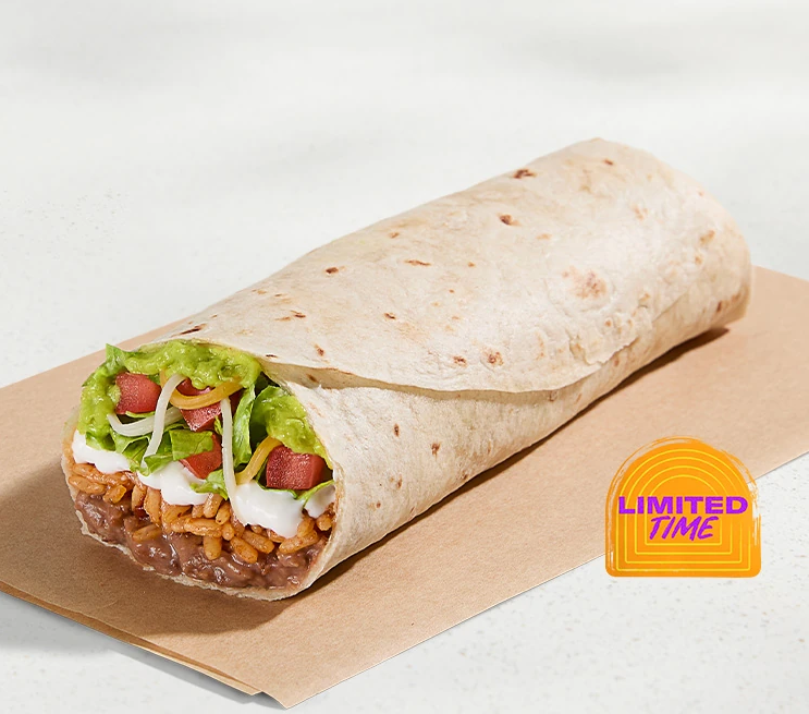 A burrito filled with rice, beans, sour cream, lettuce, tomato, and guacamole sits on brown paper. A "Limited Time" badge appears in the lower right corner.