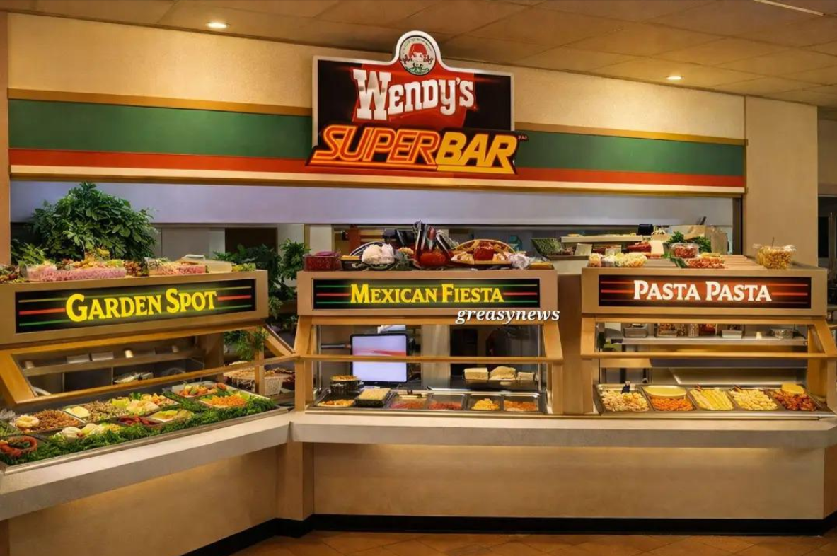 Wendy’s SUPERBAR buffet with sections labeled Garden Spot, Mexican Fiesta, and Pasta Pasta, each displaying various fresh salads, tacos, pasta, sauces, and toppings under bright lighting.