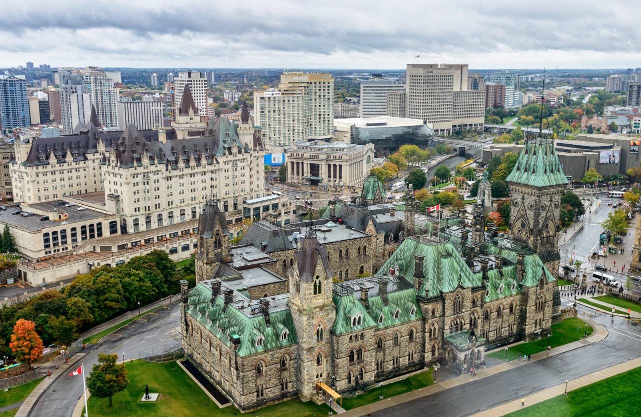 Aerial view of Ottawa’s Parliament buildings with green copper roofs, surrounded by cityscape, modern buildings, and trees under a cloudy sky, highlighting one of Canada’s must-see destinations.