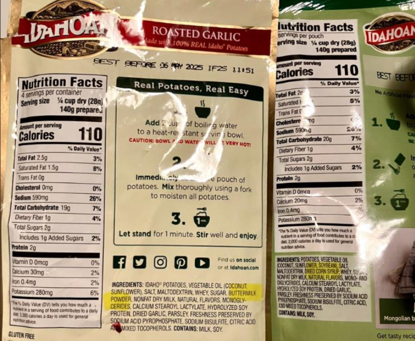 Three food packages display nutrition facts, ingredients, and preparation directions. The center package features "Idahoan Roasted Garlic" mashed potatoes with clear text and highlighted instructions.