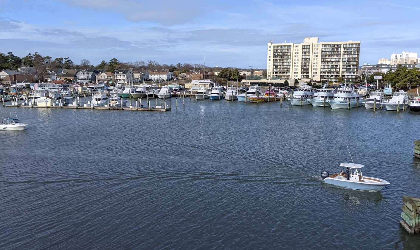 A small boat moves across a marina filled with docked boats, set against a backdrop of residential buildings and a tall apartment complex under a blue sky—an inviting scene that highlights the charm of waterfront travel destinations.