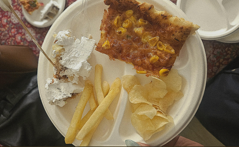 A paper plate with a slice of pizza, a piece of cake with whipped cream, a few French fries, and some potato chips.