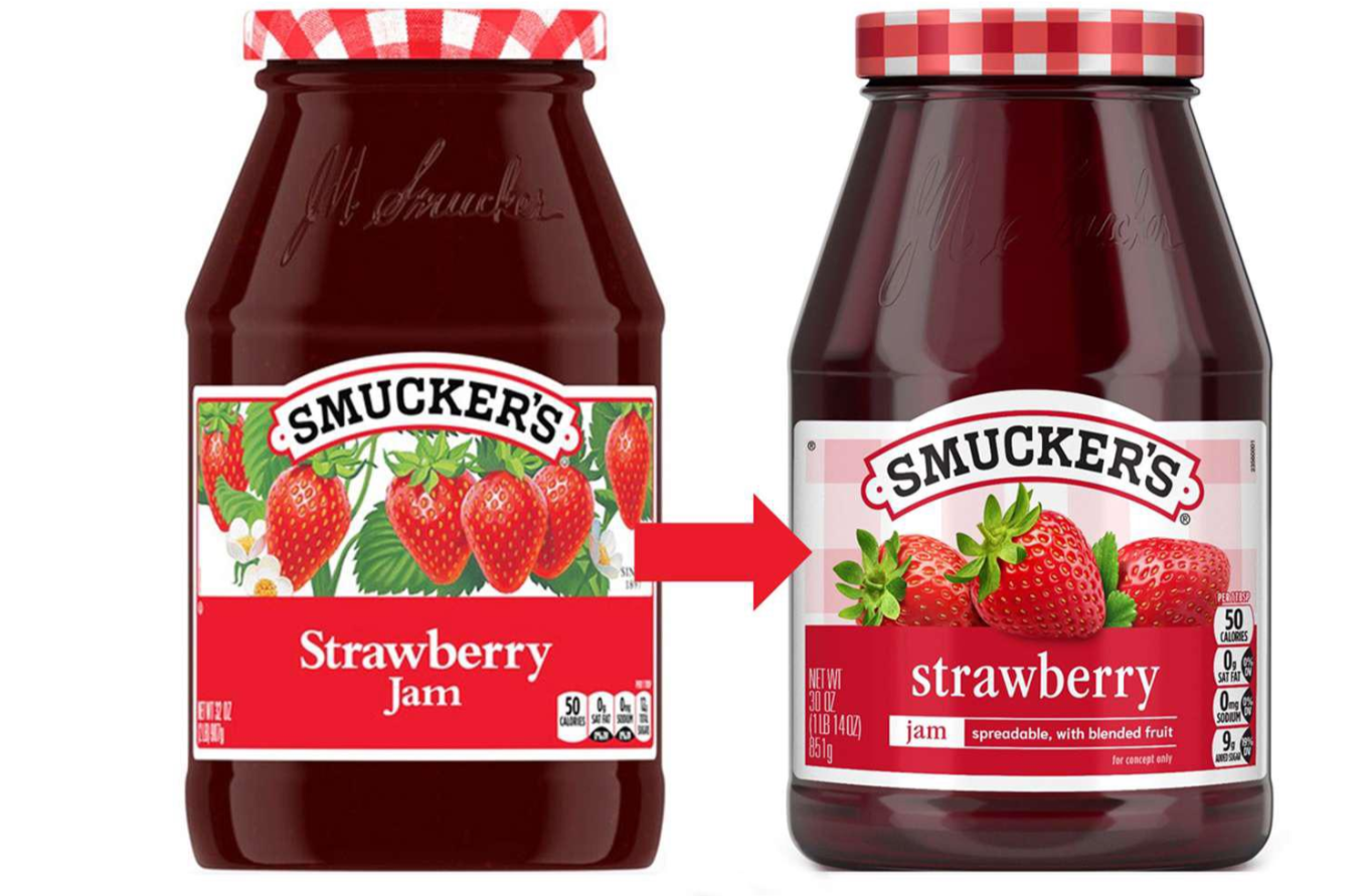 Two jars of Smucker’s strawberry jam are shown side by side. The left jar has the old label, and the right jar features the new, modernized design. A red arrow points from the old to the new look—highlighting how packaging changes can often remind shoppers of photos of shrinking products.