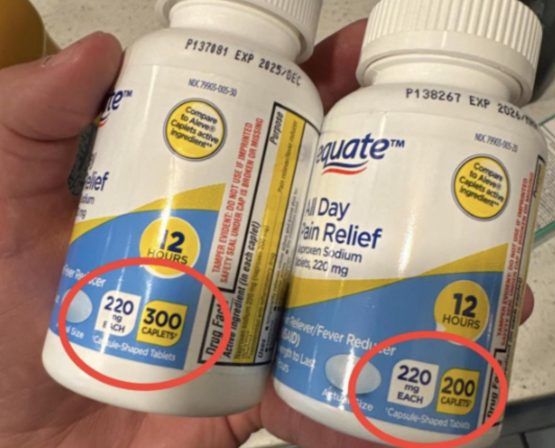 Two bottles of Equate pain relief medicine are held; one contains 300 caplets, the other 200 caplets. Both are labeled as 220 mg each, with the differences circled in red on the respective labels—clear photos of shrinking products highlighting the reduced quantity.