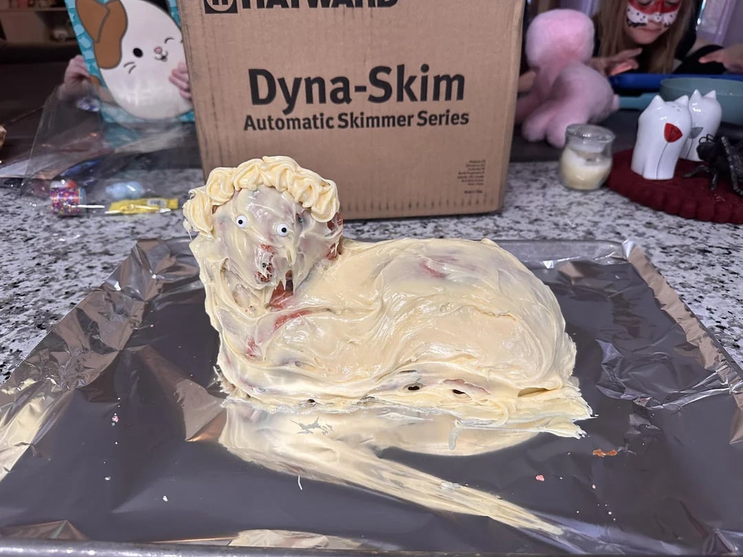 A homemade cake shaped like a reclining animal, covered in uneven white icing with candy eyes, sits on foil. A cardboard box and various objects are in the background.