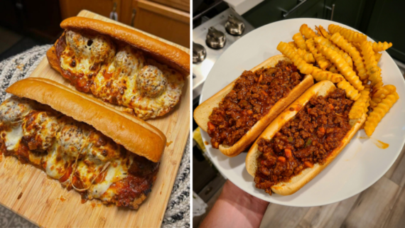 Two images: left shows two homemade dinners of meatball subs with melted cheese on a wooden board; right shows two chili dogs with crinkle-cut fries on a white plate.