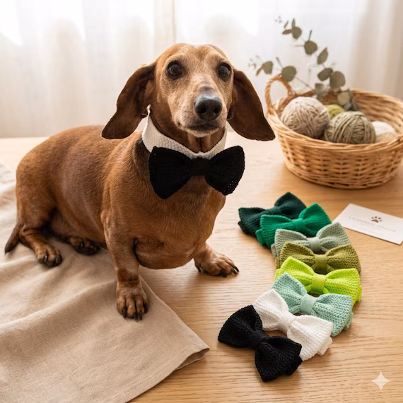 A brown dachshund wearing a black bow tie sits on a table near a basket of yarn and several knitted bow ties in shades of green, black, and white.
