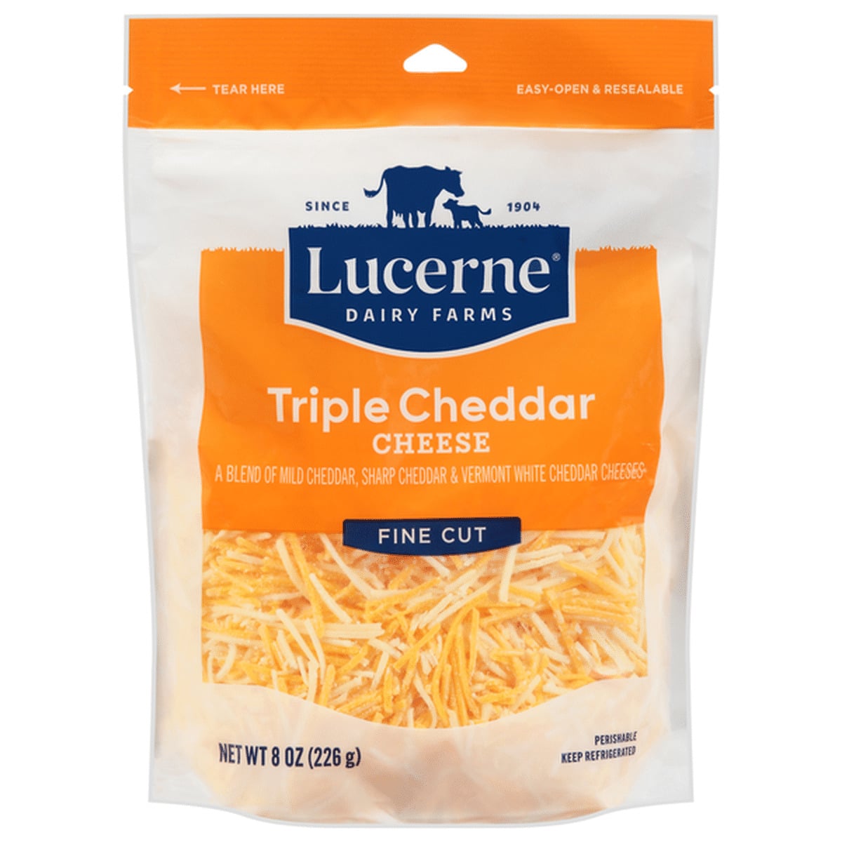 A bag of Lucerne Dairy Farms Triple Cheddar Cheese, fine cut, 8 oz. The packaging is orange and white with an image of the best shredded cheese and a blue logo at the top.