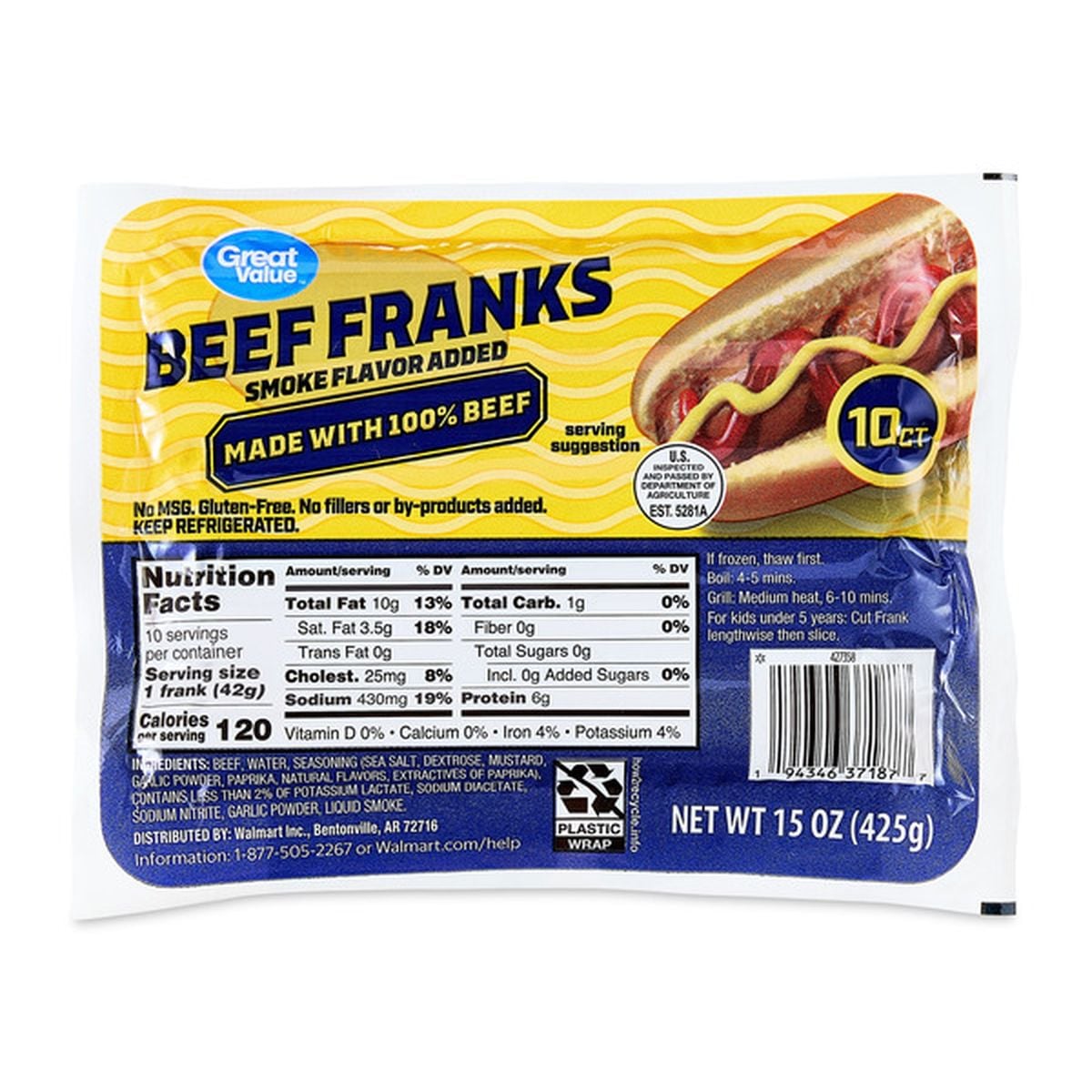 A package of Great Value Beef Franks with smoke flavor added. The package shows a hot dog with mustard and ketchup, nutrition facts, and states it contains 10 franks and is made with 100% beef.