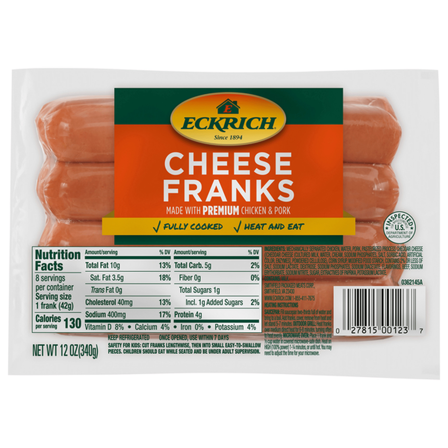 Package of Eckrich Cheese Franks made with chicken and pork. Nutrition facts and barcode are visible. The label says "Fully Cooked" and "Heat and Eat." Net weight is 12 oz (340g).