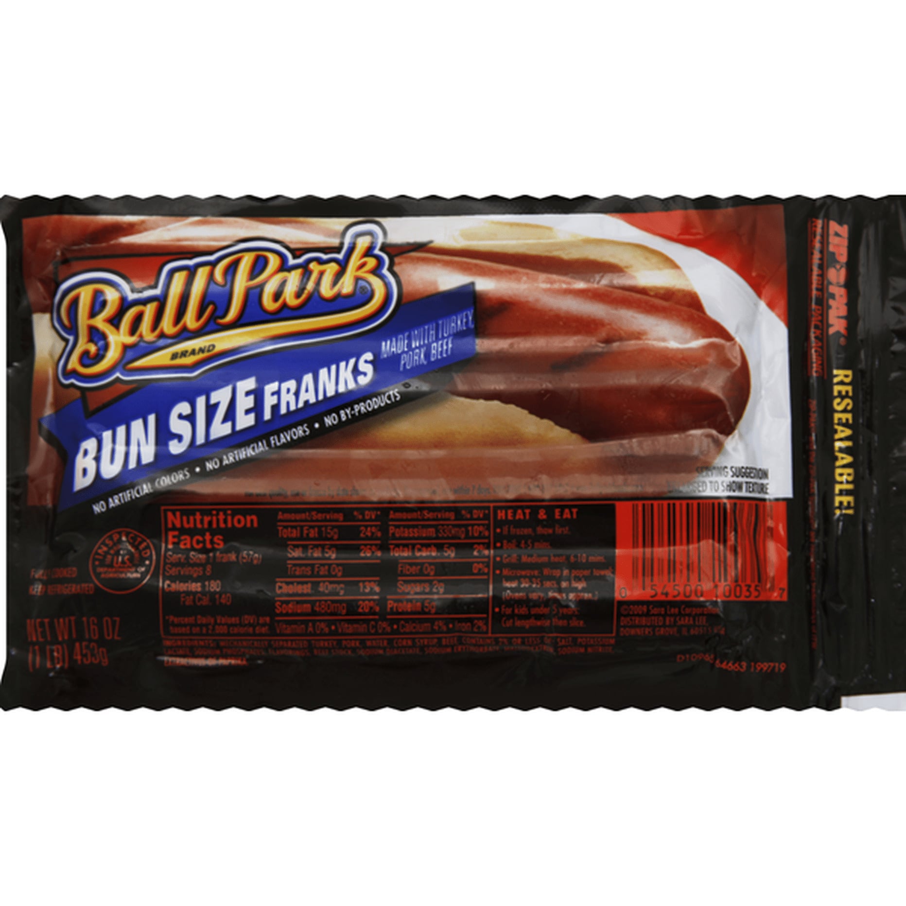 Package of Ball Park Bun Size Franks featuring an image of hot dogs in a bun. Label highlights no artificial colors, flavors, or by-products. Nutrition facts and instructions are printed on the package.