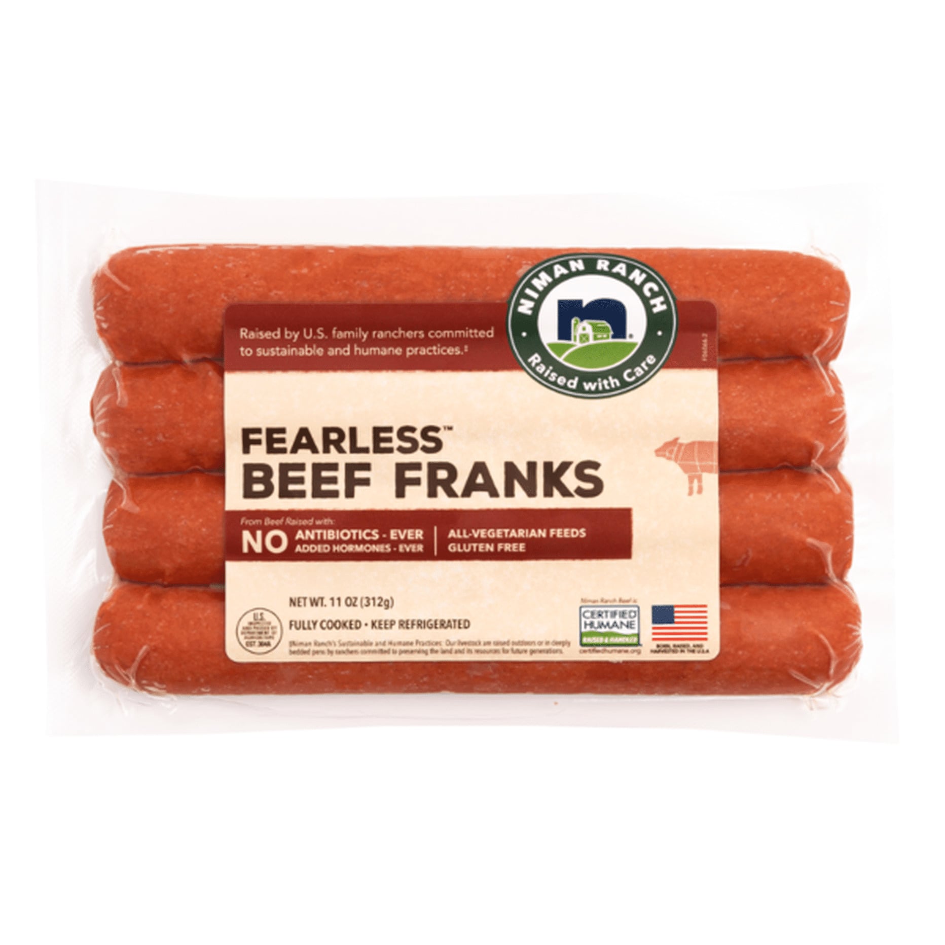 A package of Niman Ranch Fearless Beef Franks showing four sausages in clear plastic. The label highlights “No Antibiotics Ever” and “All-Vegetarian Feeds.” USDA and Certified Humane stamps are visible.