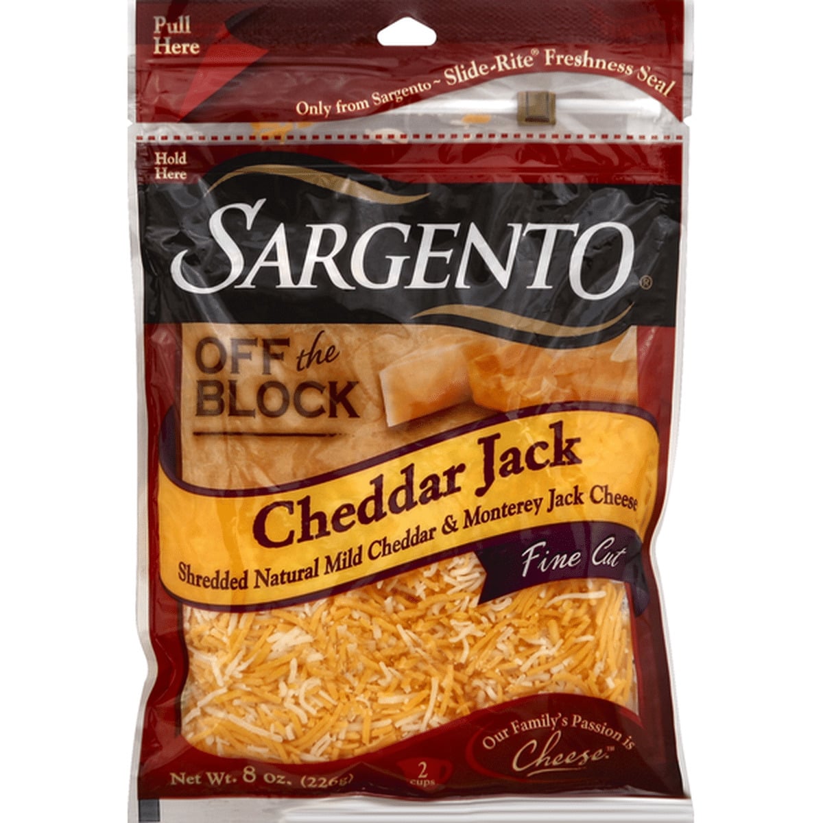Sargento Off the Block Cheddar Jack shredded cheese bag, 8 oz, features the best shredded cheese with a blend of yellow and white varieties visible through clear packaging.