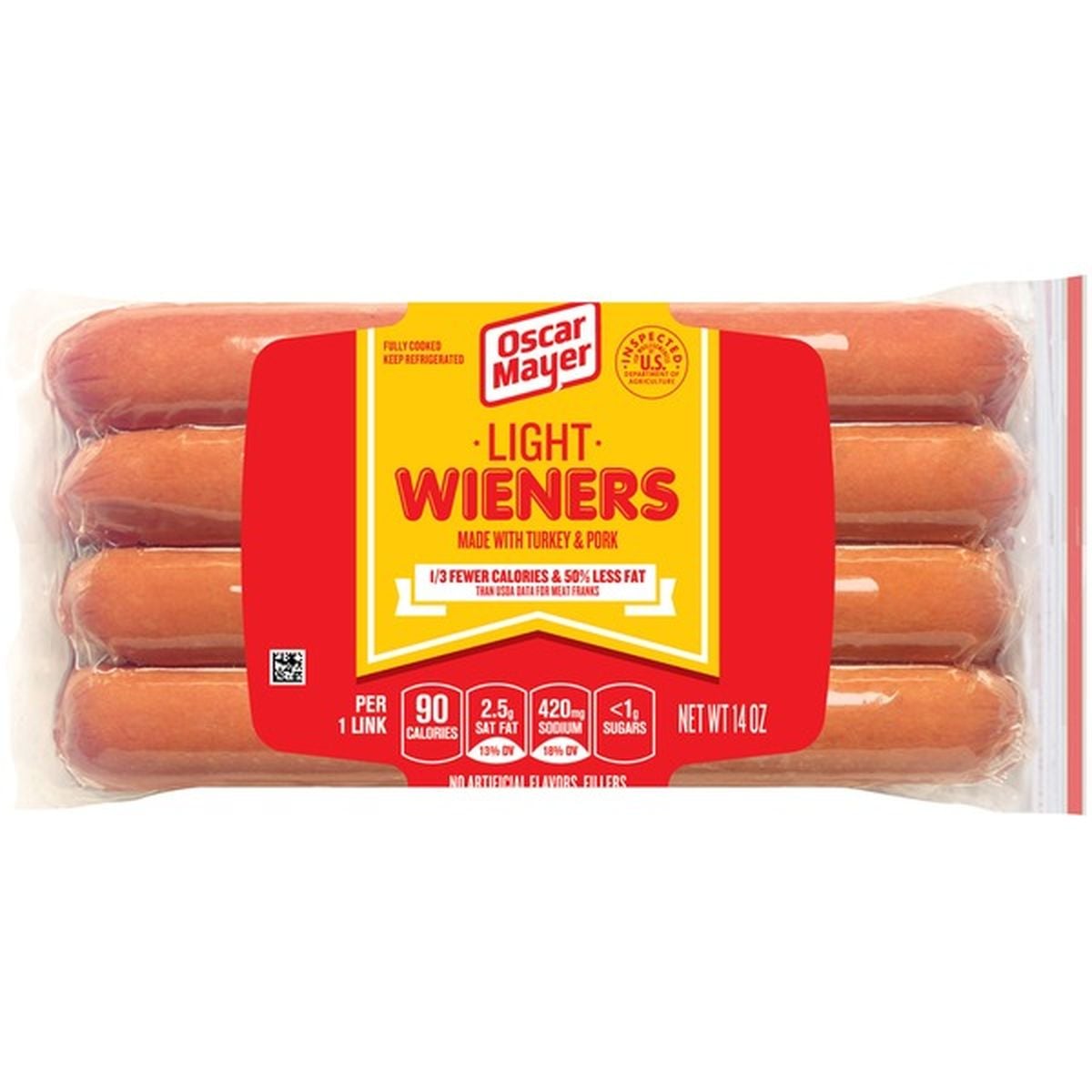 A package of Oscar Mayer Light Wieners, made with turkey and pork. The label highlights fewer calories, less fat, and low sugar. The package contains eight sausages in a plastic wrap.