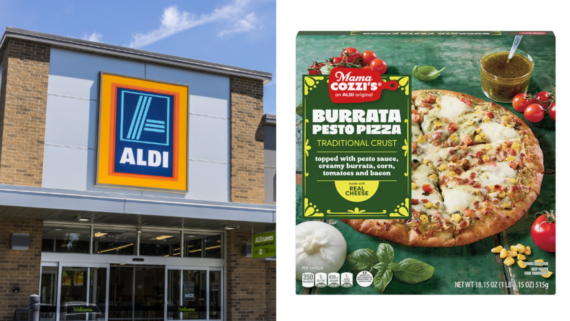 Left: Exterior of an ALDI grocery store. Right: Box of Mama Cozzi's Burrata Pesto Pizza featuring an image of the baked pizza on a green background with cheese and pesto ingredients, showcasing one of the exciting new ALDI products.