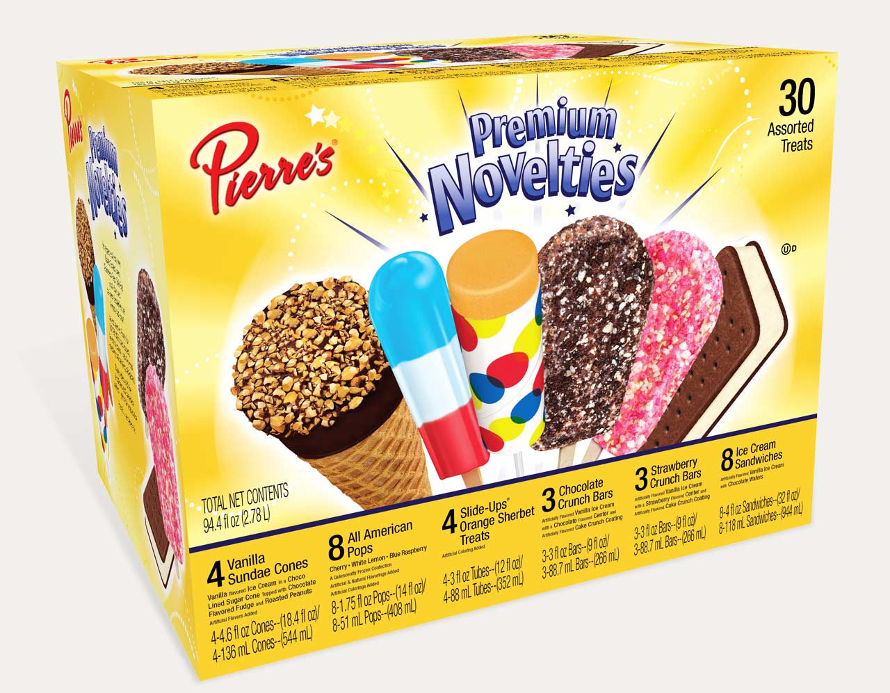 A box of Pierre’s Premium Novelties assorted ice cream treats, showing images of various ice cream bars, cones, and pops, with the text describing the quantity and types of treats included.