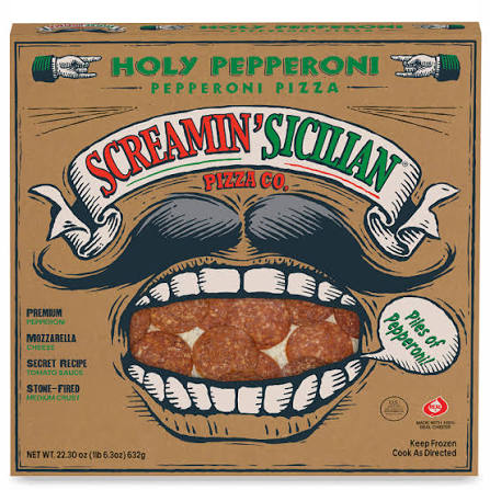 A frozen pizza box labeled "Screamin' Sicilian Holy Pepperoni," featuring a cartoon mustache and mouth with a pizza behind it. The box highlights mozzarella cheese and pepperoni. Frozen pizza brands.