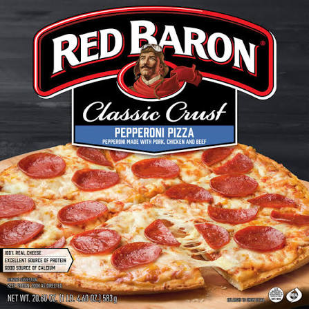 Red Baron Classic Crust Pepperoni Pizza box showing the pizza topped with pepperoni and melted cheese. The package highlights that it uses real cheese and is a good source of protein and calcium.