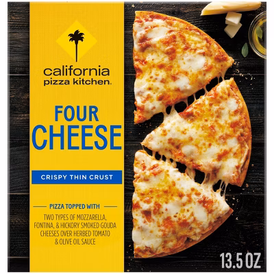 Box of California Pizza Kitchen Four Cheese crispy thin crust frozen pizza, showing a sliced round pizza with melted cheese on the cover. The box highlights mozzarella, fontina, and gouda cheeses. Weight: 13.5 oz.
