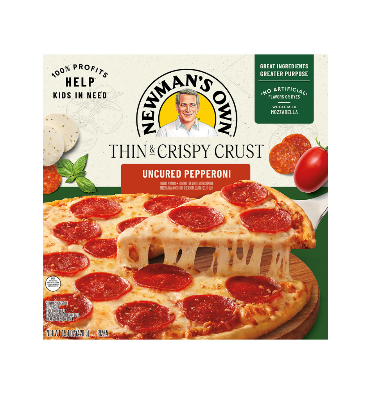 A box of Newman's Own Thin & Crispy Crust Uncured Pepperoni pizza, featuring an image of the pizza, a tomato, mozzarella slices, and the Newman's Own logo with a smiling man.