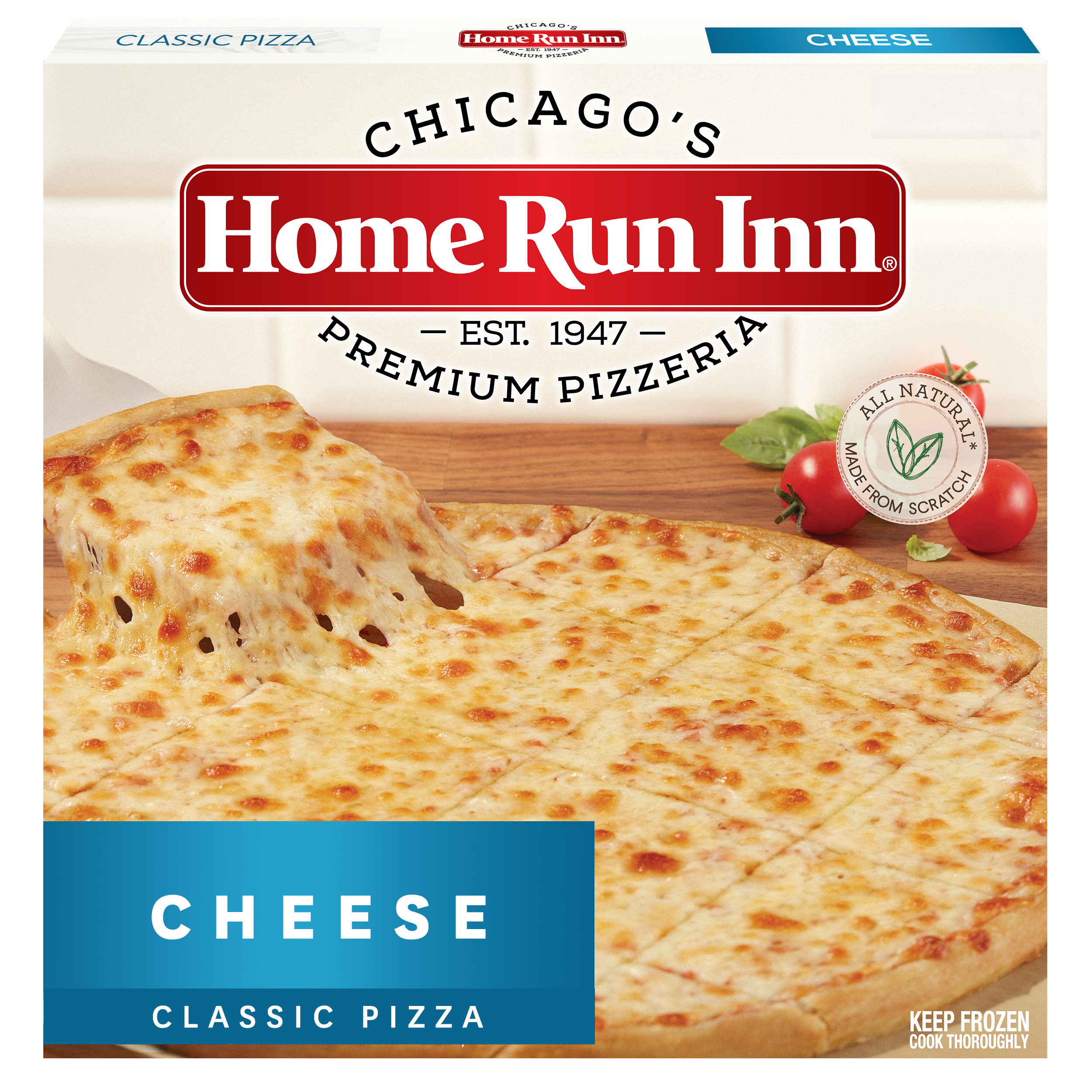 Home Run Inn Cheese Classic Pizza box showing a baked cheese pizza with a slice being pulled away. The packaging features tomatoes and wheat, with text highlighting it as "All Natural" and "Premium Pizzeria.