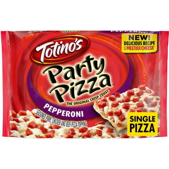 A package of Totino's Party Pizza Pepperoni flavor, showing the pizza with diced pepperoni on top. The packaging highlights "Single Pizza" and "New! Delicious Recipe with Meltier Cheese!