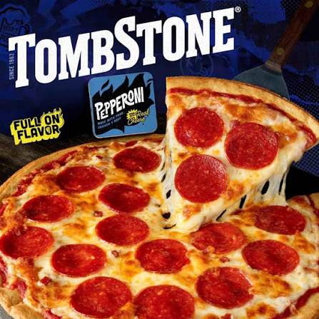 Tombstone pizza box featuring a pepperoni pizza with a slice being lifted, showing melted cheese and pepperoni. Labels highlight "Full On Flavor" and "Pepperoni Made with Real Cheese.