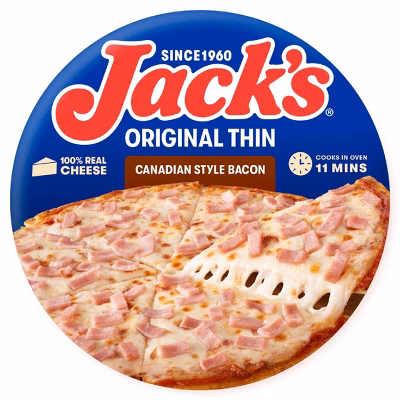 Jack’s Original Thin Canadian Style Bacon pizza packaging, showing a cooked pizza with cheese and bacon pieces. The label notes 100% real cheese and 11-minute oven cook time.