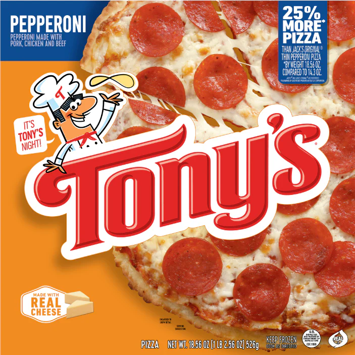 Frozen Tony's pepperoni pizza box showing a cartoon chef, pepperoni pizza, and text advertising 25% more pizza, real cheese, and “It’s Tony’s night!” The Tony’s logo is large and red in the center.