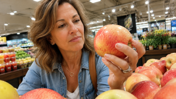A woman with shoulder-length brown hair examines a red and yellow apple in a grocery store produce section, surrounded by displays of apples and fresh fruits, thoughtfully considering her grocery shopping habits.