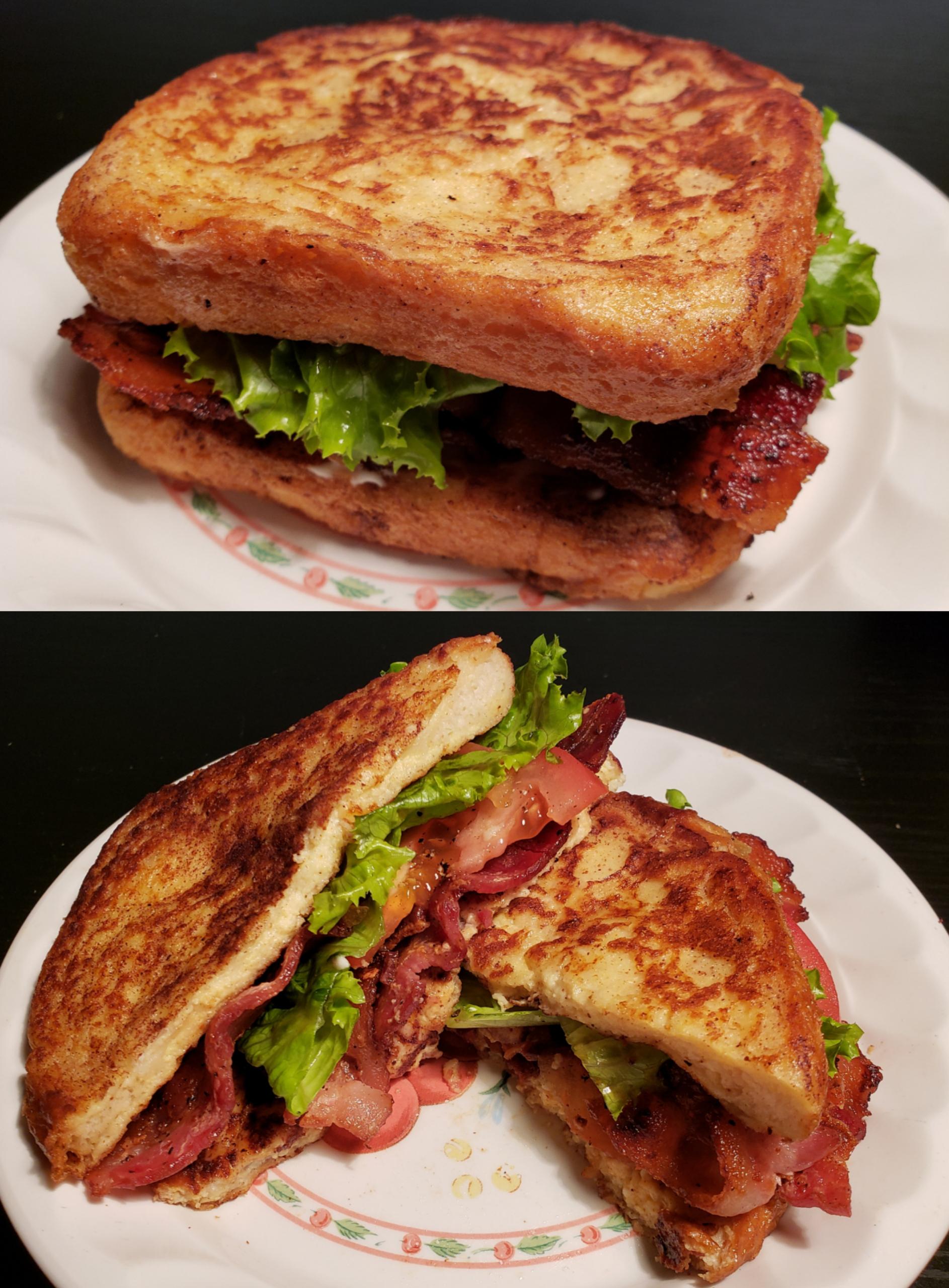 Two images of a sandwich with crispy bacon, lettuce, and tomato, served on toasted, golden-brown bread, shown whole on one plate and cut in half on another plate.