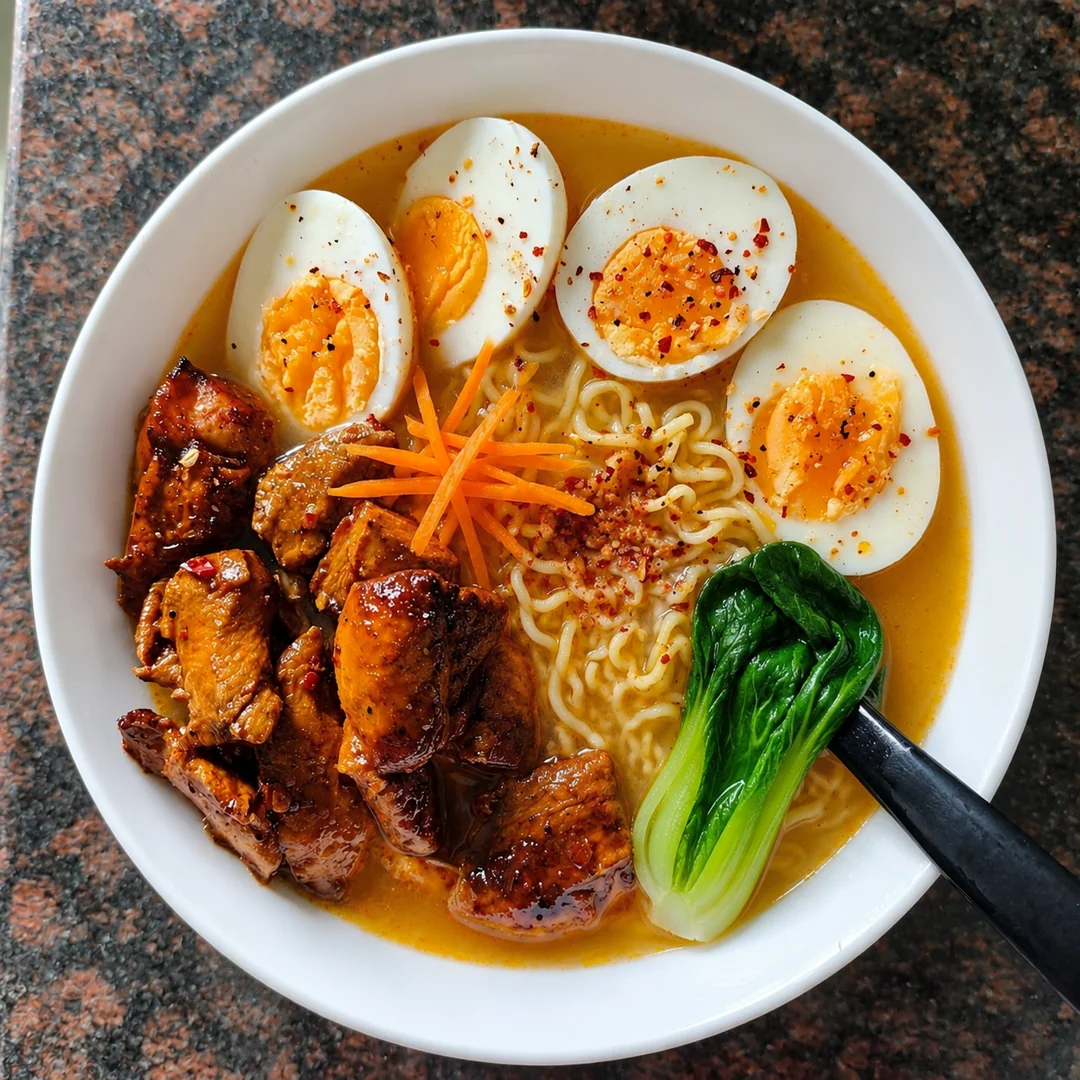 A bowl of ramen with sliced boiled eggs, grilled chicken, bok choy, shredded carrots, and noodles in broth, served with a black spoon on a granite countertop.