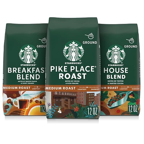 Three 12 oz bags of Starbucks ground coffee: Breakfast Blend, Pike Place Roast, and House Blend, each featuring distinct artwork and labeled as medium roast.