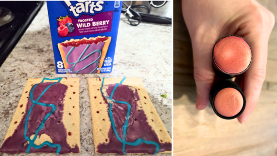 Two frosted wild berry Pop-Tarts on a counter beside their box; next to them, a hand holds two tubes of shimmery pink lipstick that closely match the Pop-Tart&rsquo;s icing colors&mdash;a playful scene that highlights just how small our favorite treats look these days and echoes photos of shrinking products.