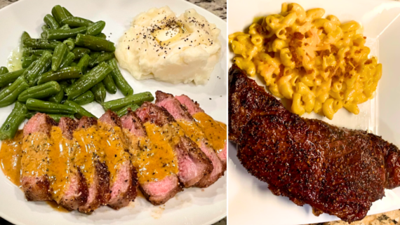 Two plates of food: On the left, green beans, mashed potatoes with butter, and sliced steak with sauce&mdash;perfect for those seeking classic steak recipes. On the right, macaroni and cheese accompanies a cooked steak for a hearty, comforting meal.